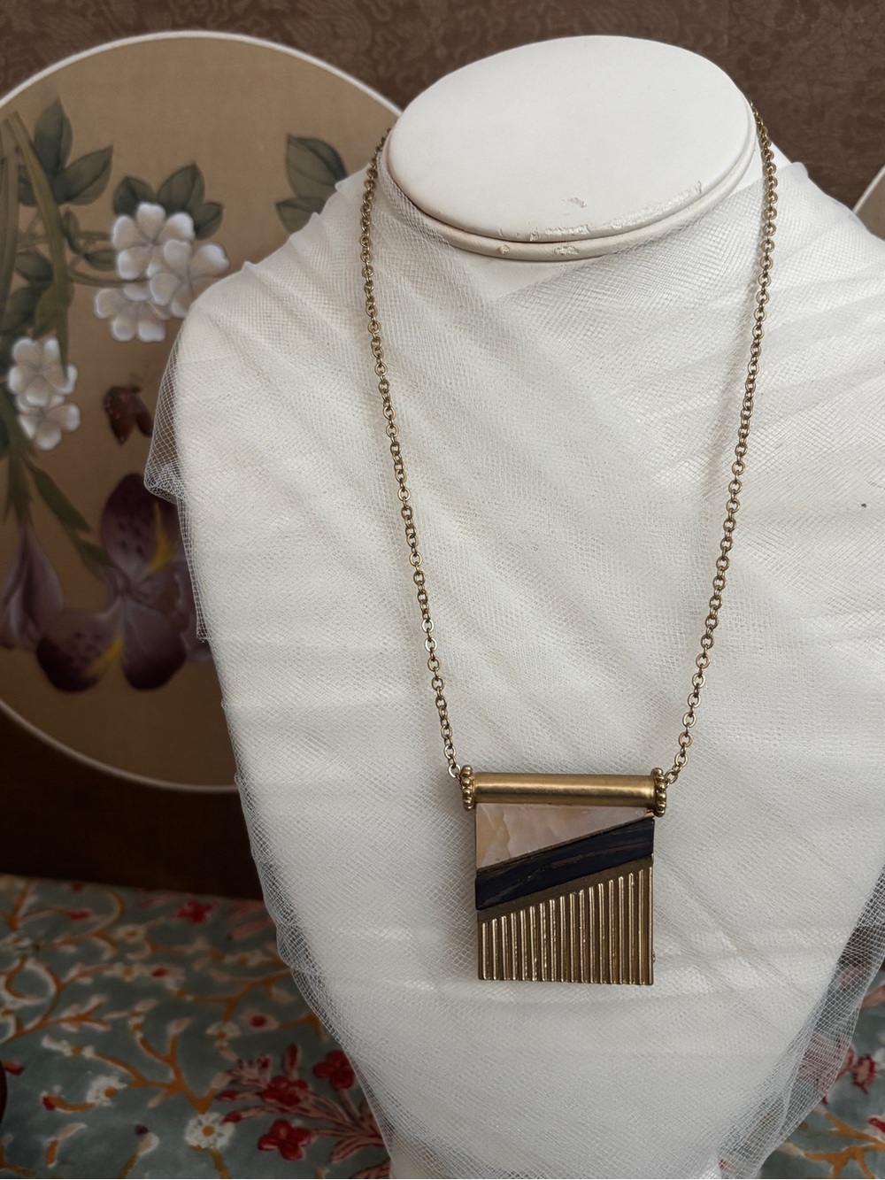 Gold-Tone Geometric Pendant Quartz Necklace